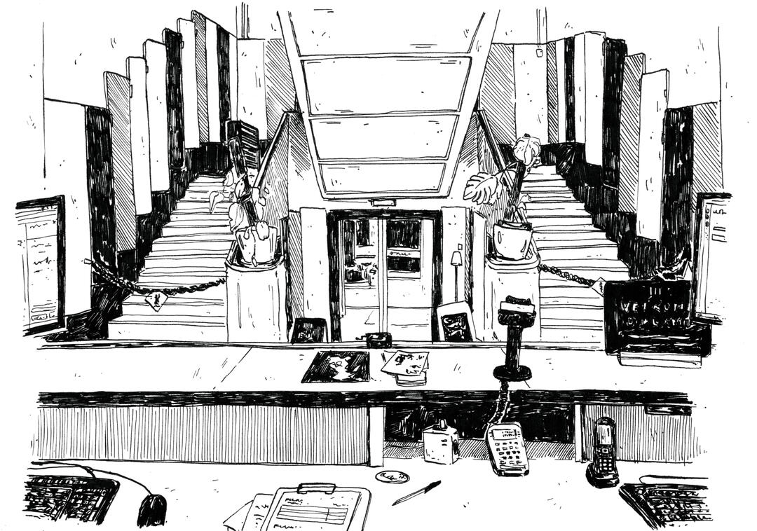 View from the desk to the entrance